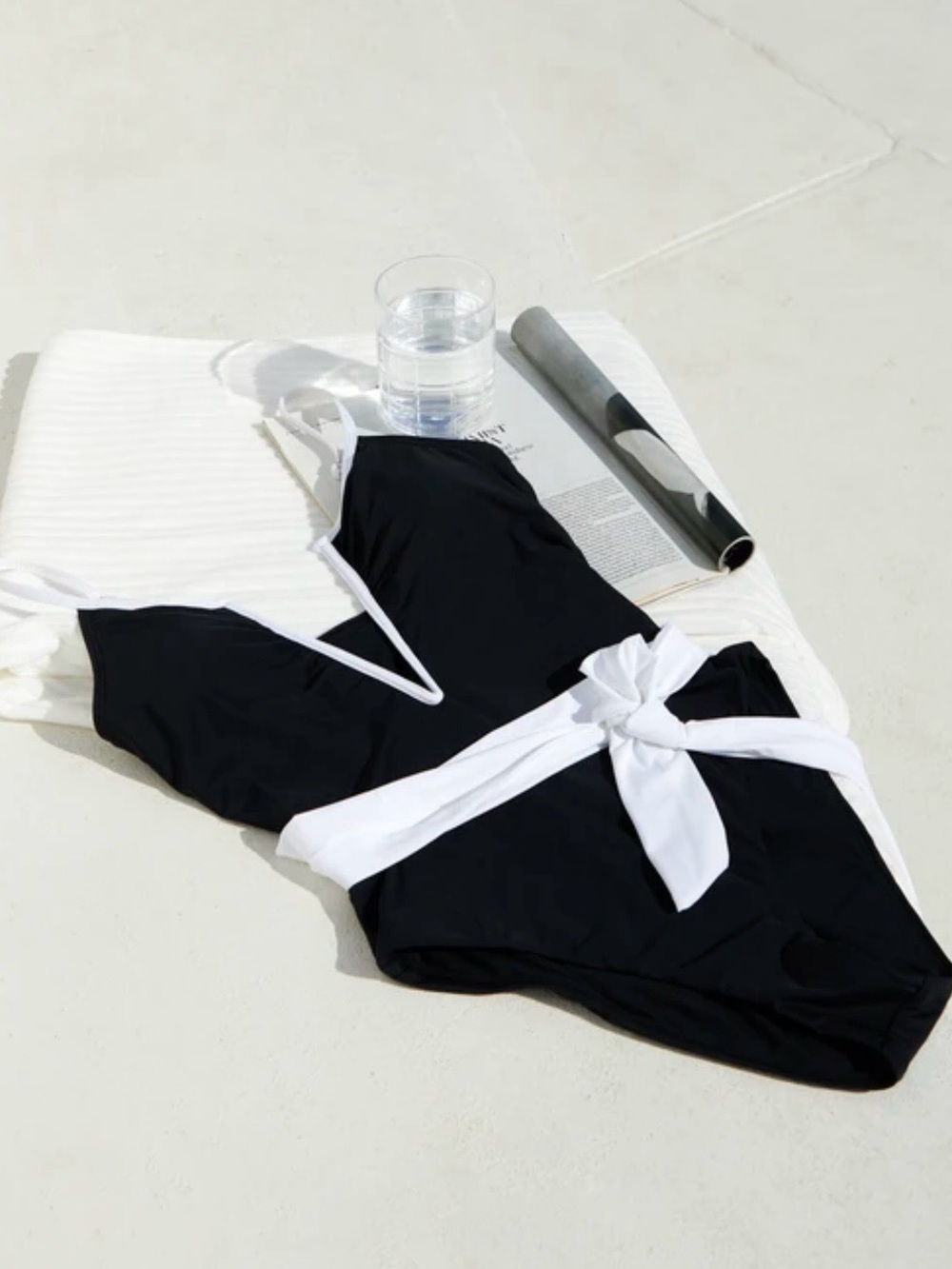 Lulu’s Black One-Piece Swimsuit with White Trim and Waist Tie - Picture 2 of 8